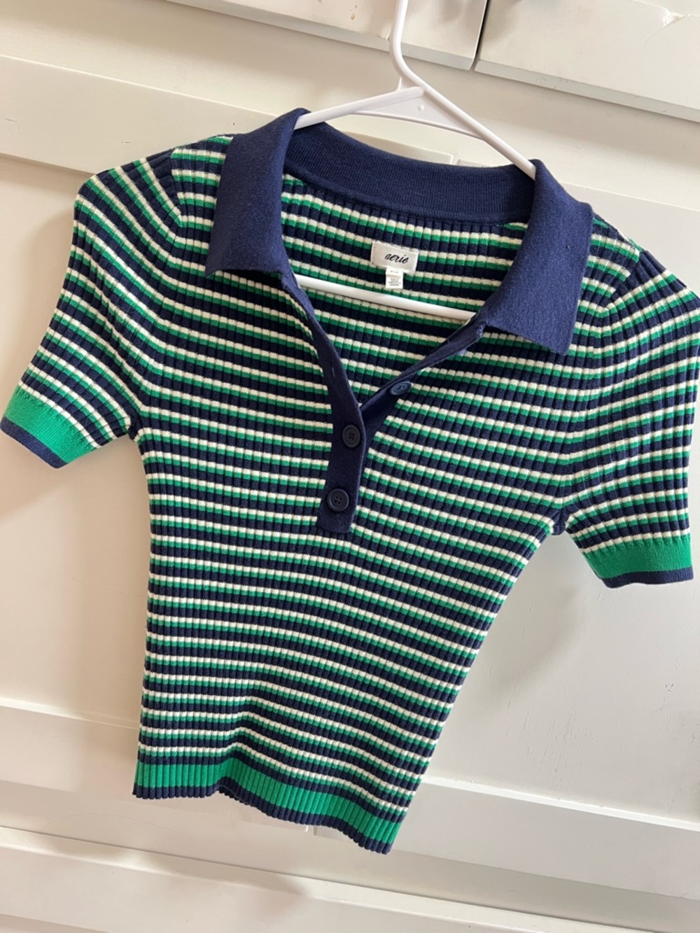 Aerie Women’s Navy & Green Striped Polo Top